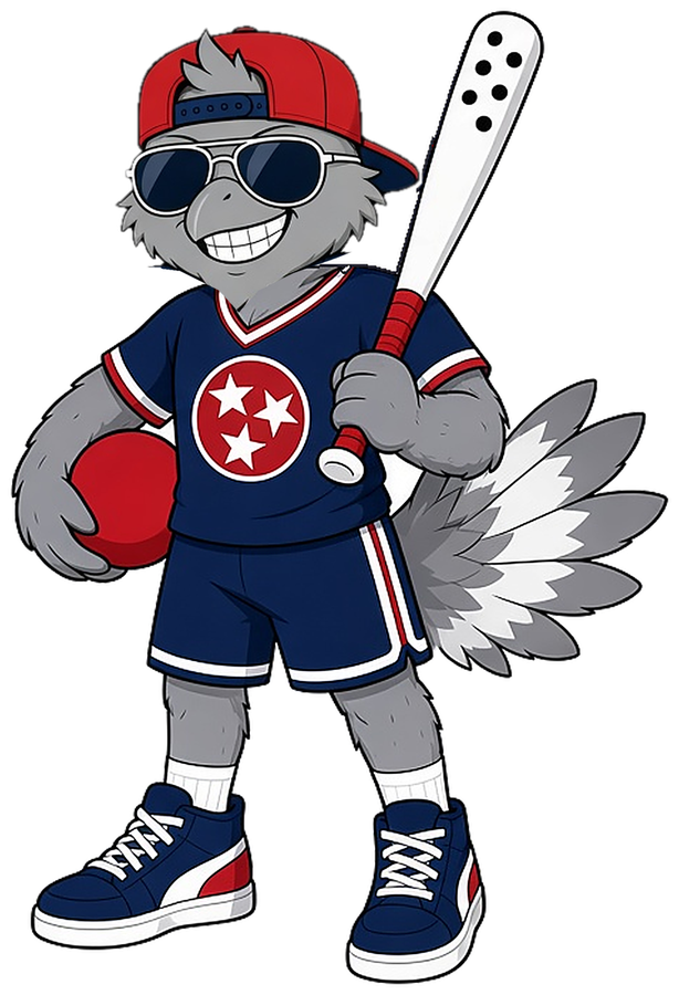 Mojo the mockingbird, the Music City Sports & Social Club mascot, with a bat on his shoulder