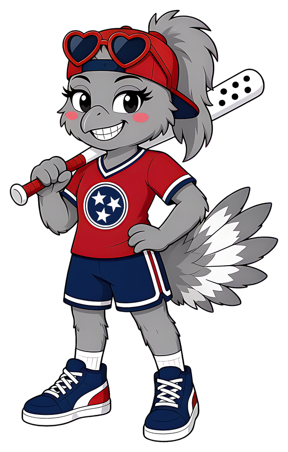 Moxie the mockingbird, Mojo's friend, with a bat on her shoulder and heart sunglasses on her red cap